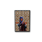 Moroccan man illustration with blue turban, geometric pattern background, ethnik stationery art