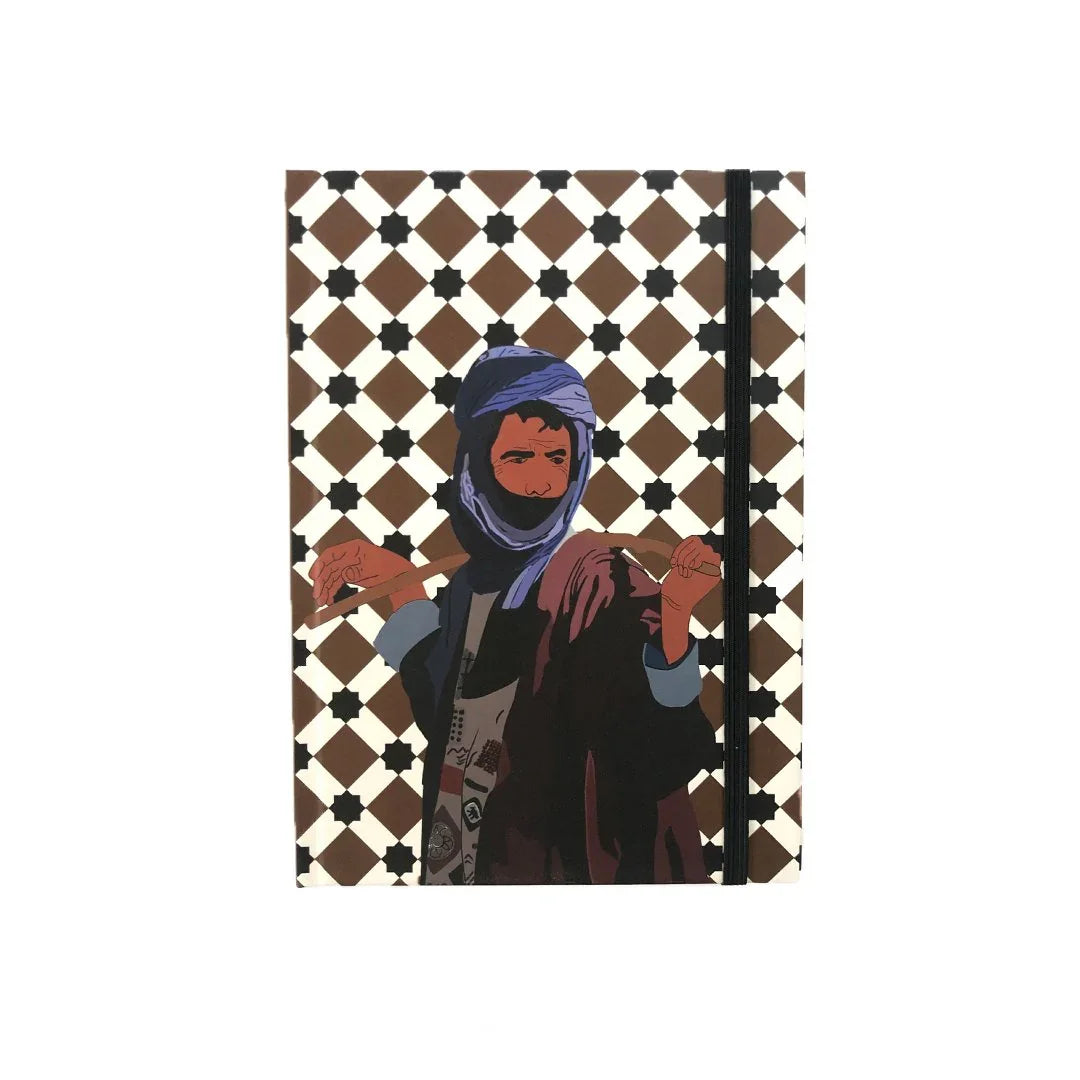 Ethnik Moroccan notebook with original illustration of a man in traditional attire on geometric cover