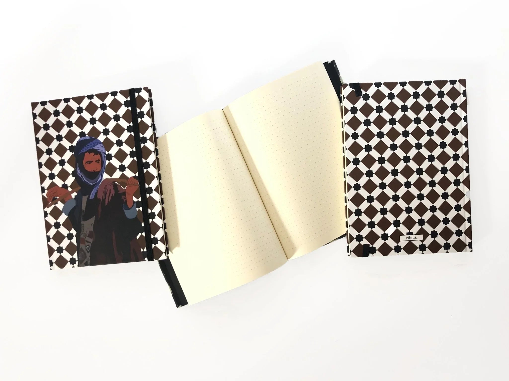 ethnik Moroccan notebook with geometric cover and original illustration, shown front and back