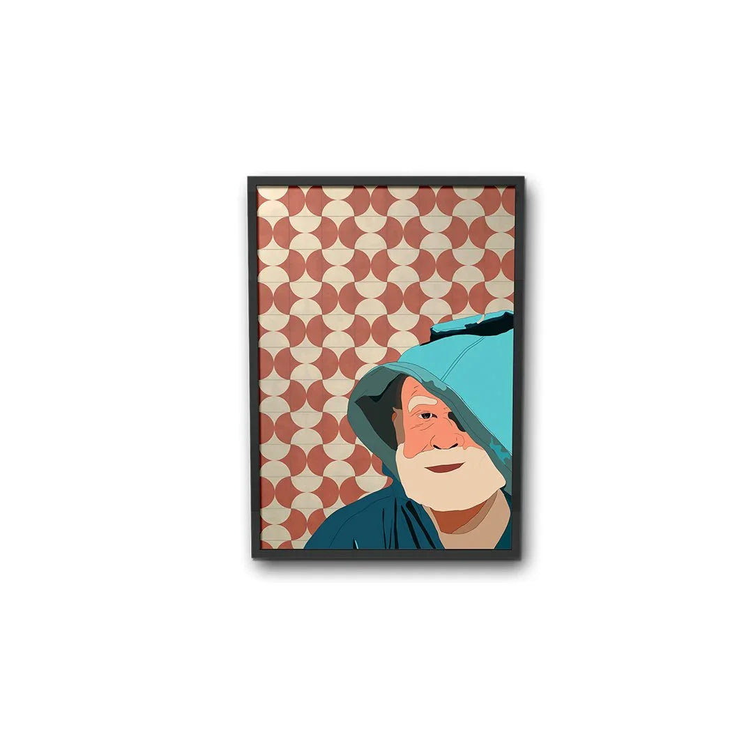 Modern illustration of a man in a blue Moroccan djellaba with geometric pattern, ethnik art