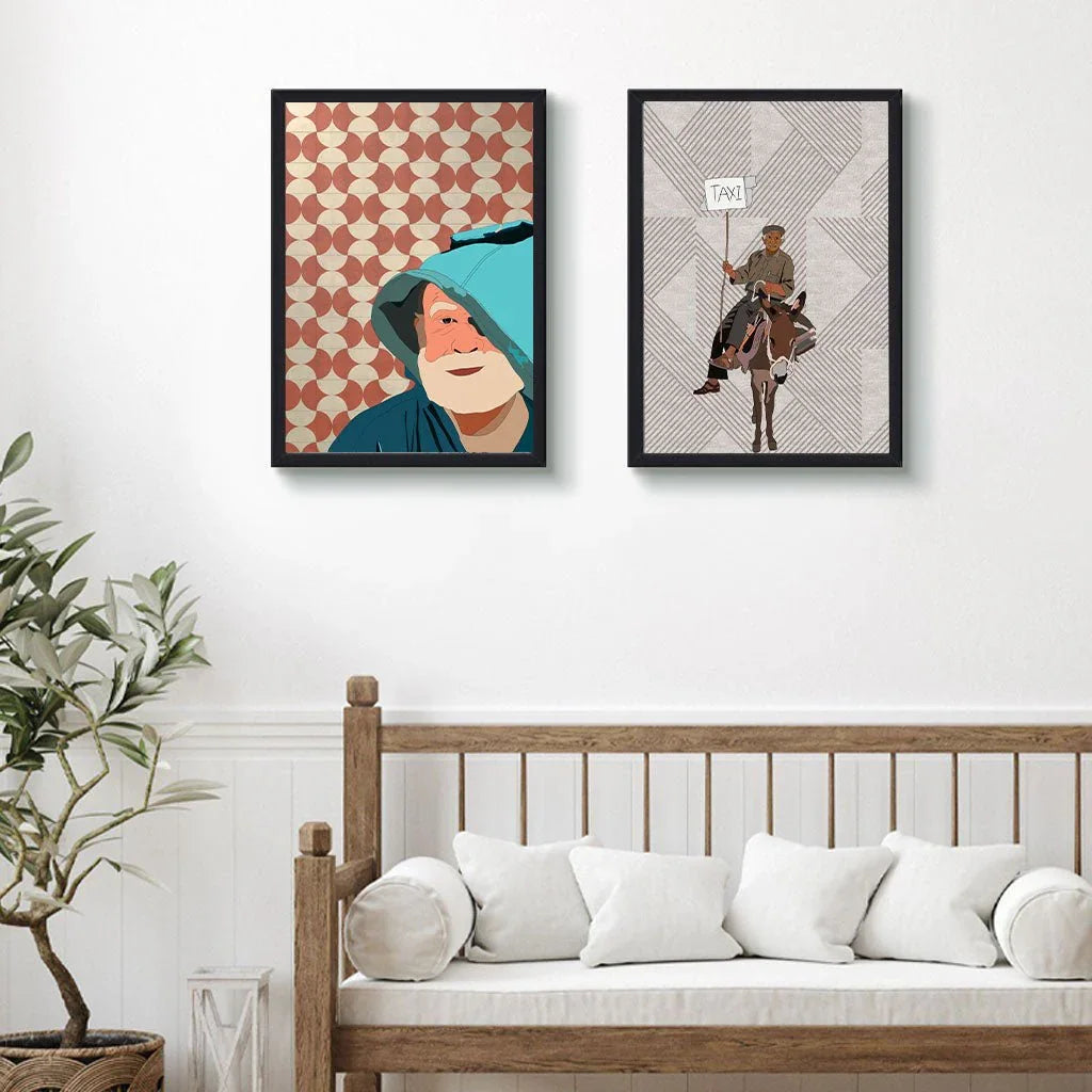 Moroccan art prints with geometric patterns in a modern living room, ethnik stationery decor