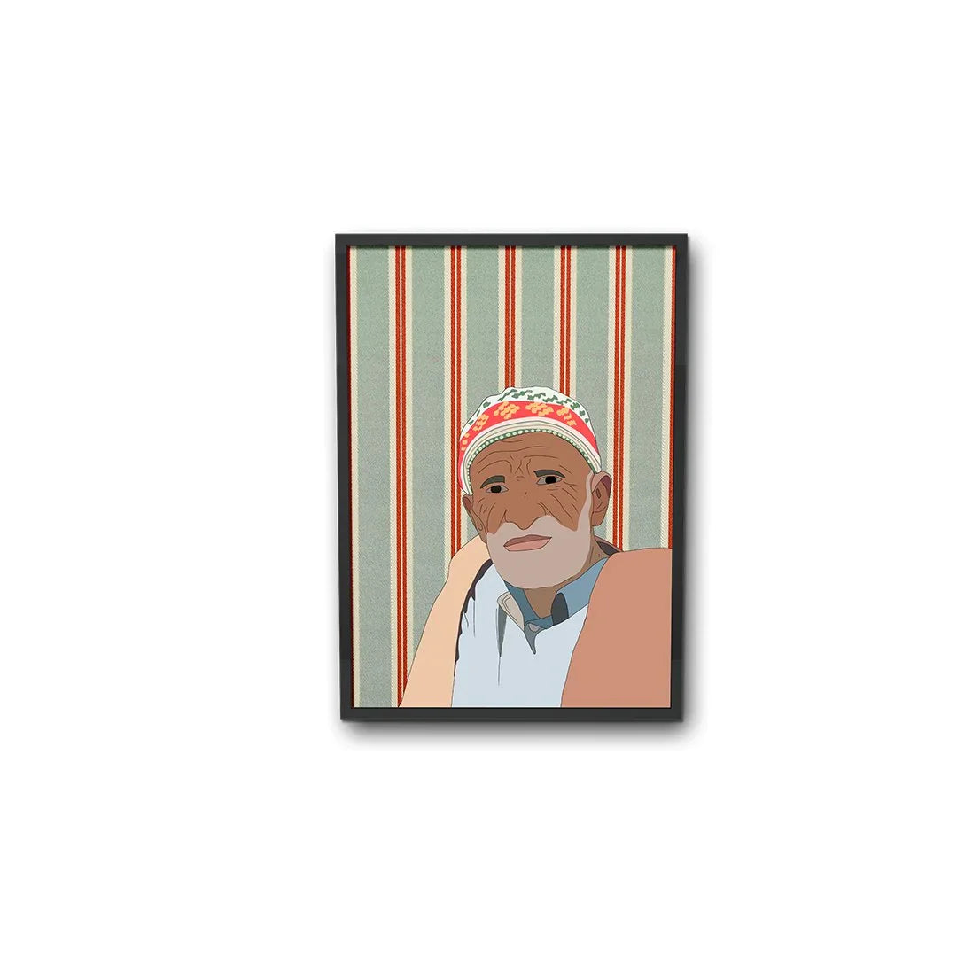Moroccan illustration of elderly man in traditional attire, framed art from ethnik stationery