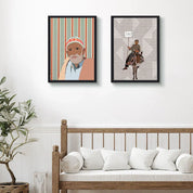 Moroccan illustration wall art in black frames above a white bench with pillows, ethnik decor