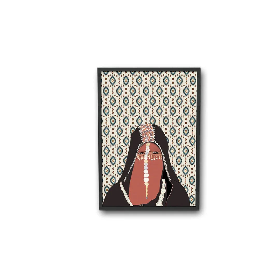 Moroccan woman illustration in traditional attire, geometric patterned ethnik wall art