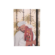 Moroccan notebook with original illustration of two men embracing, palm trees in background, ethnik stationery