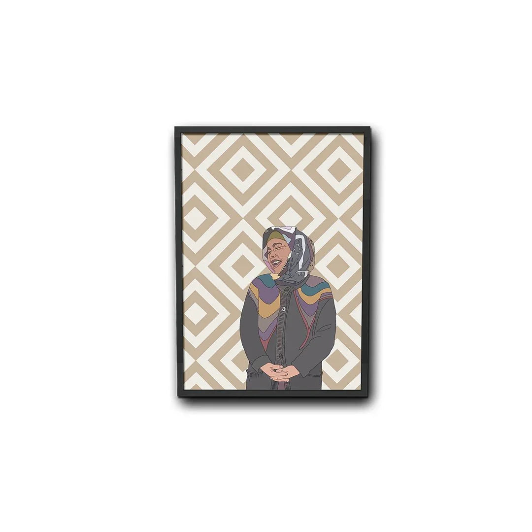 Moroccan woman illustration art print, geometric beige background, ethnik stationery decor