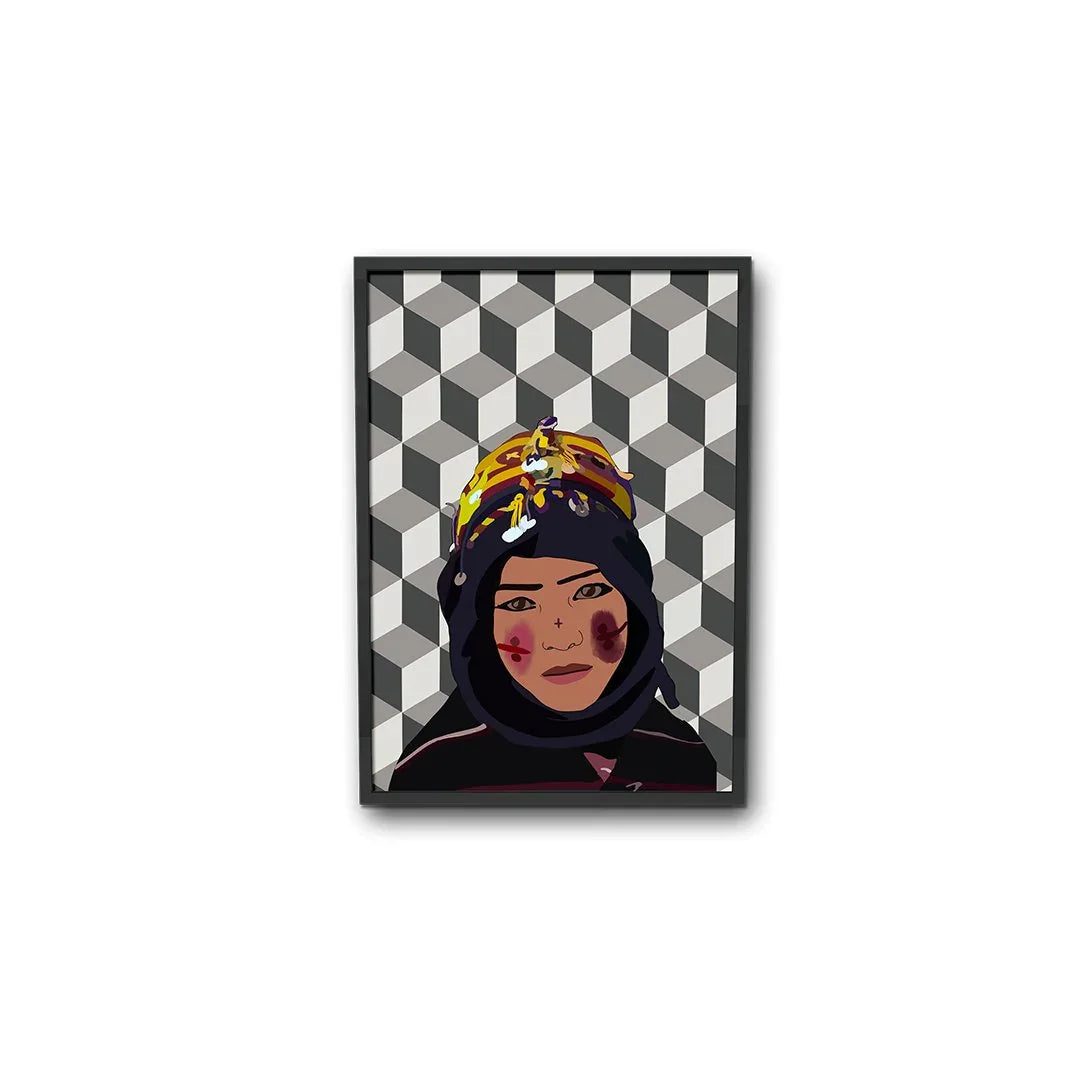 Moroccan woman illustration with traditional headwear, geometric background, Ethnik stationery art