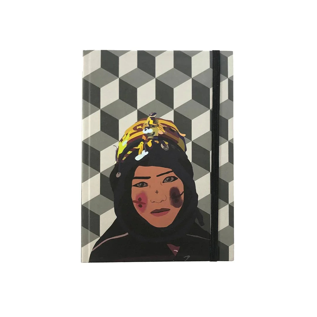 Ethnik Moroccan notebook with geometric cover and illustrated woman in traditional attire