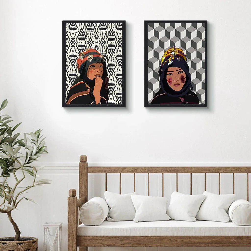 Moroccan-inspired wall art with illustrated portraits above a white sofa, ethnik decor.