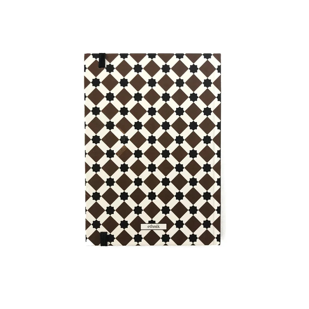 ethnik Moroccan notebook with geometric brown and black pattern on white background