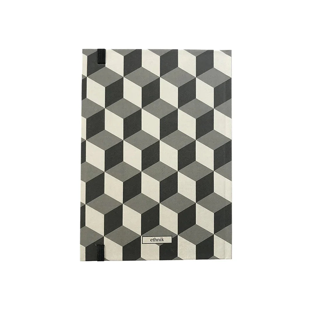 ethnik geometric pattern notebook with black, grey, and white cubes, Moroccan stationery