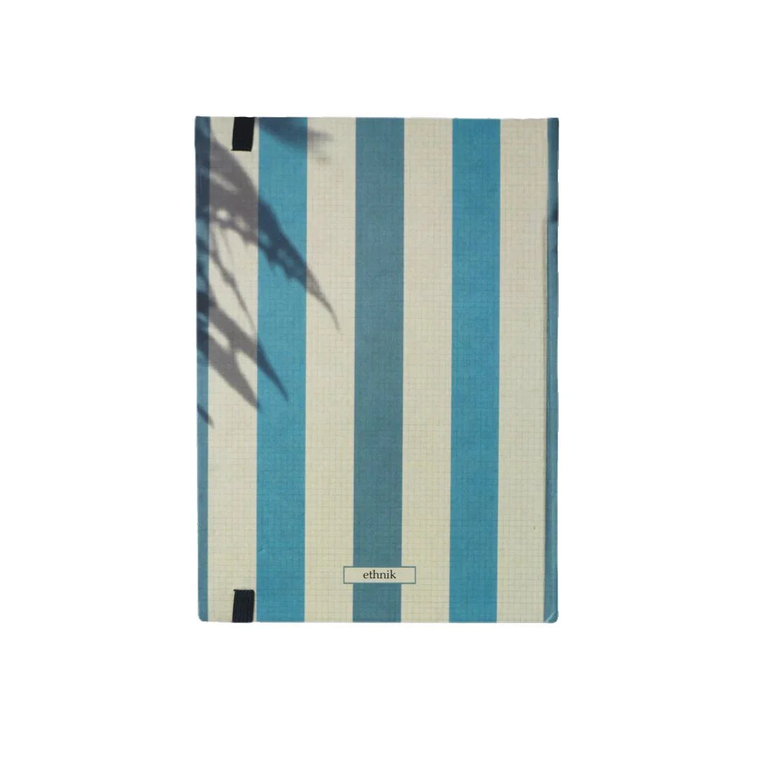ethnik notebook with blue and beige vertical stripes, Morocco-inspired stationery