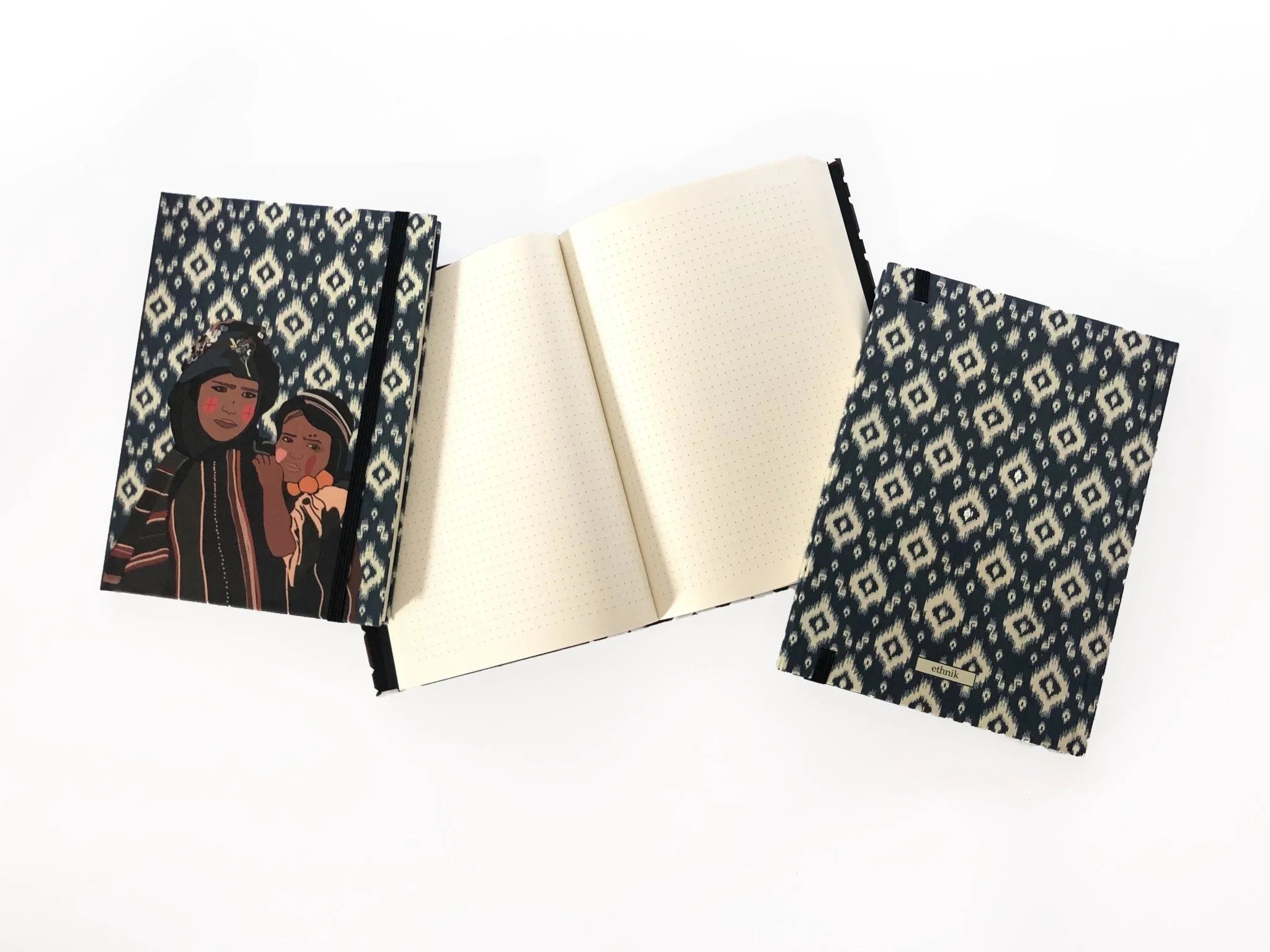 ethnik Moroccan stationery trio with patterned covers and original illustration on notebook