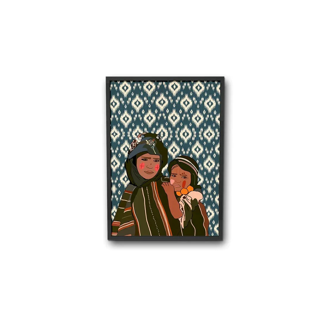 Moroccan illustration of two people in traditional attire, patterned background, Ethnik stationery