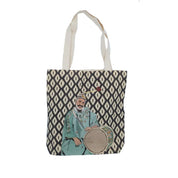 Ethnik Moroccan tote bag with black and white geometric pattern and drummer illustration