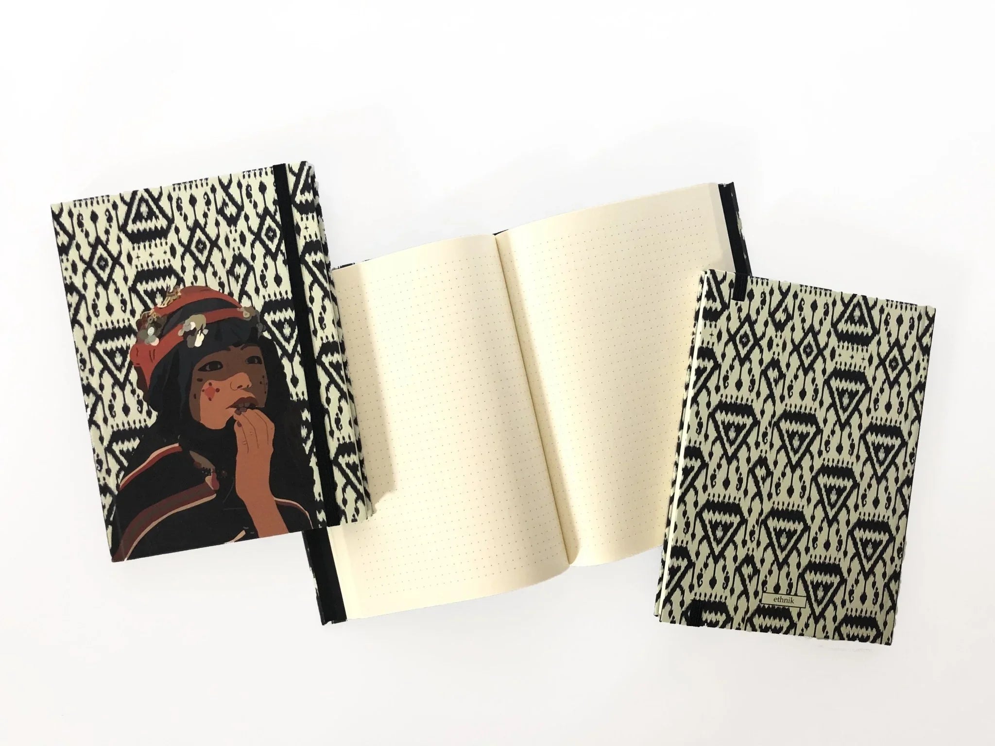 ethnik Moroccan stationery notebooks with tribal black and cream covers and original art