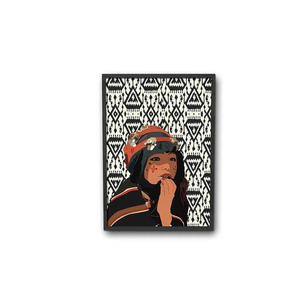 Ethnik Moroccan illustration of woman in traditional attire on geometric black and white background