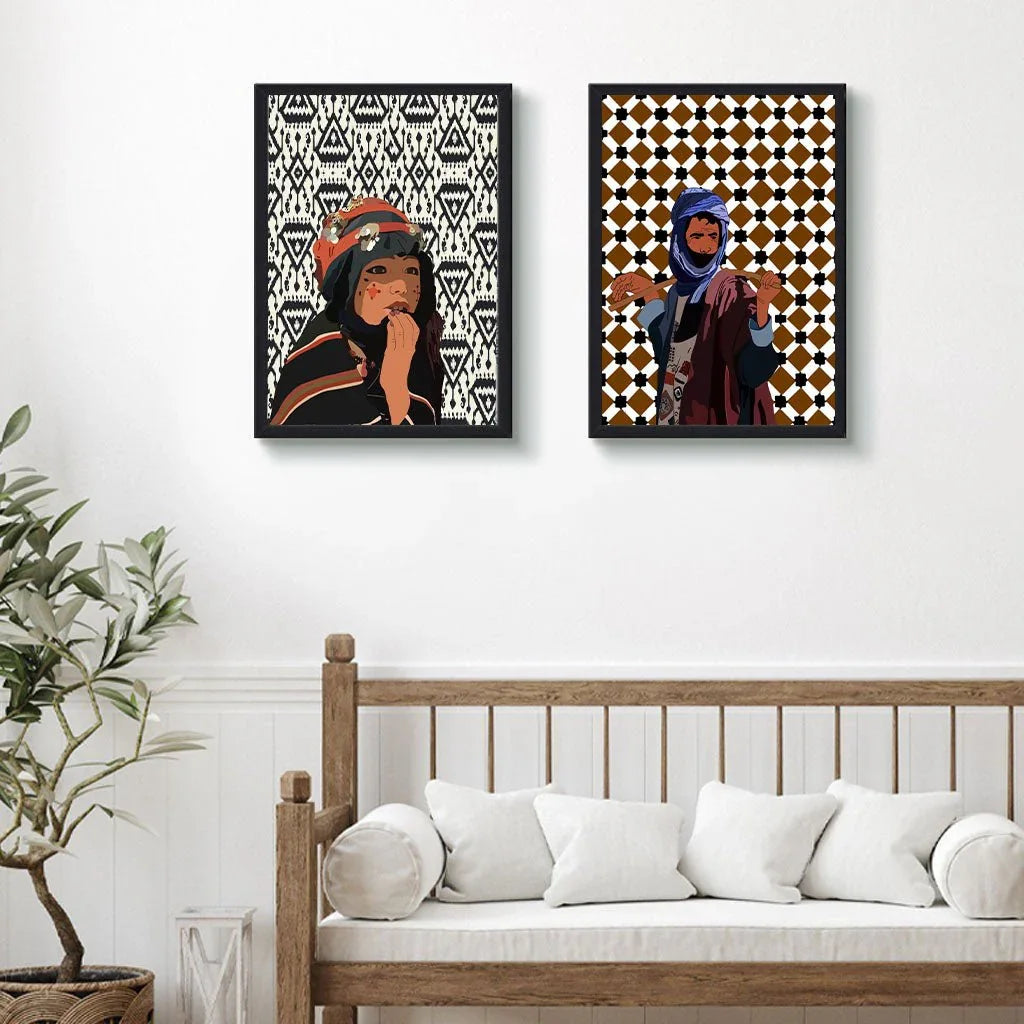 Moroccan ethnic art prints on wall above white bench, ethnik home decor and stationery.