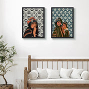 Moroccan ethnic art prints with original illustrations above a modern sofa, ethnik decor