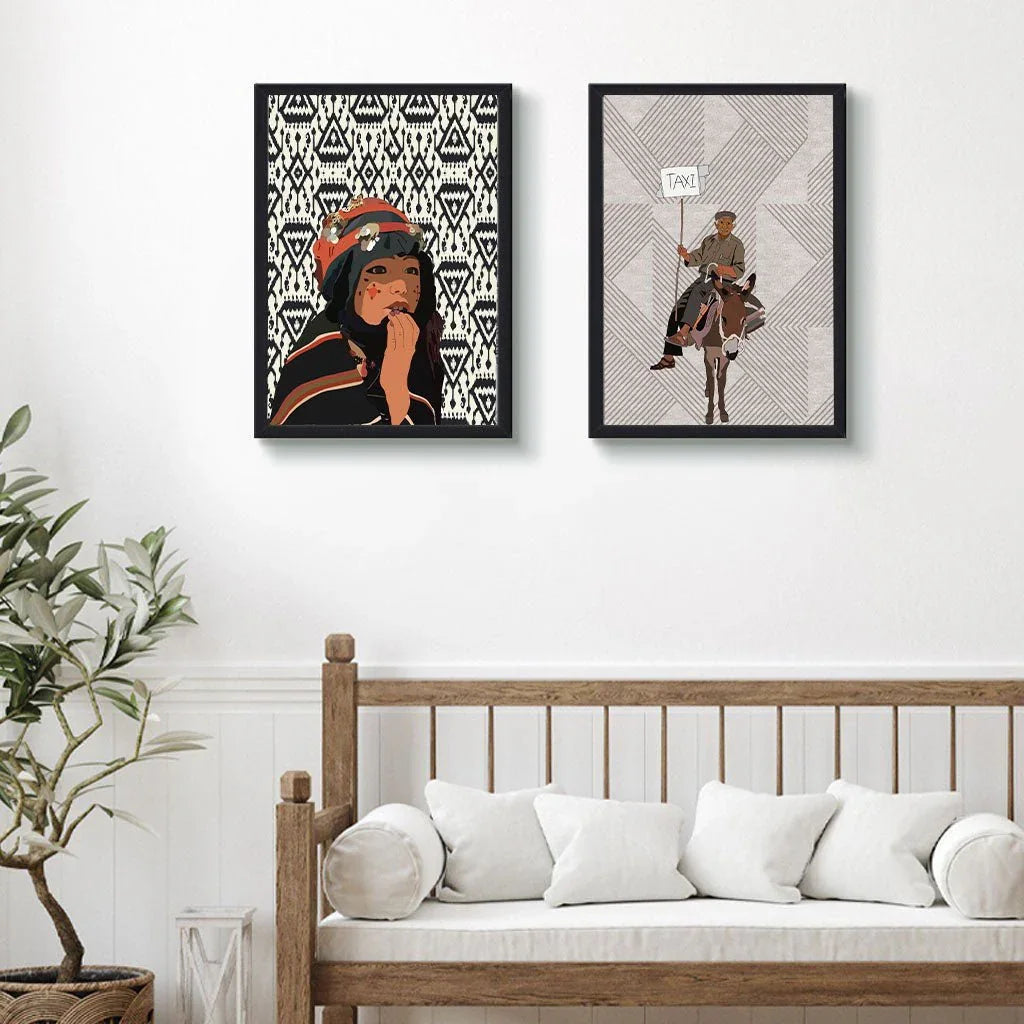 Framed Moroccan art prints with ethnic designs on wall above wooden sofa, ethnik decor