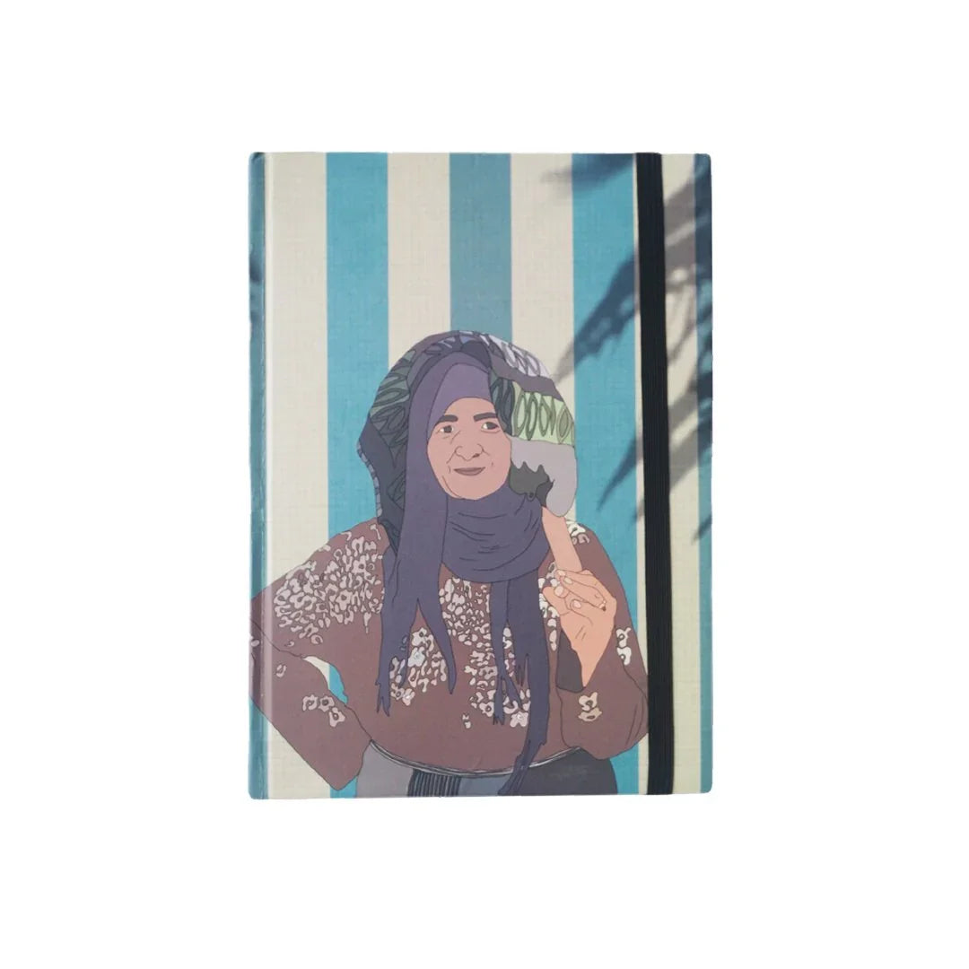 Moroccan illustrated notebook with woman in hijab, floral shirt, blue striped background, ethnik stationery