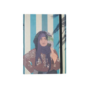 Moroccan illustrated notebook with woman in hijab, floral shirt, blue striped background, ethnik stationery