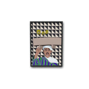 Moroccan man in colorful attire with headwrap, holding tray with flowers, geometric background, ethnik art