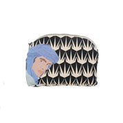 Moroccan zip pouch with blue turban illustration and geometric black and white pattern by ethnik
