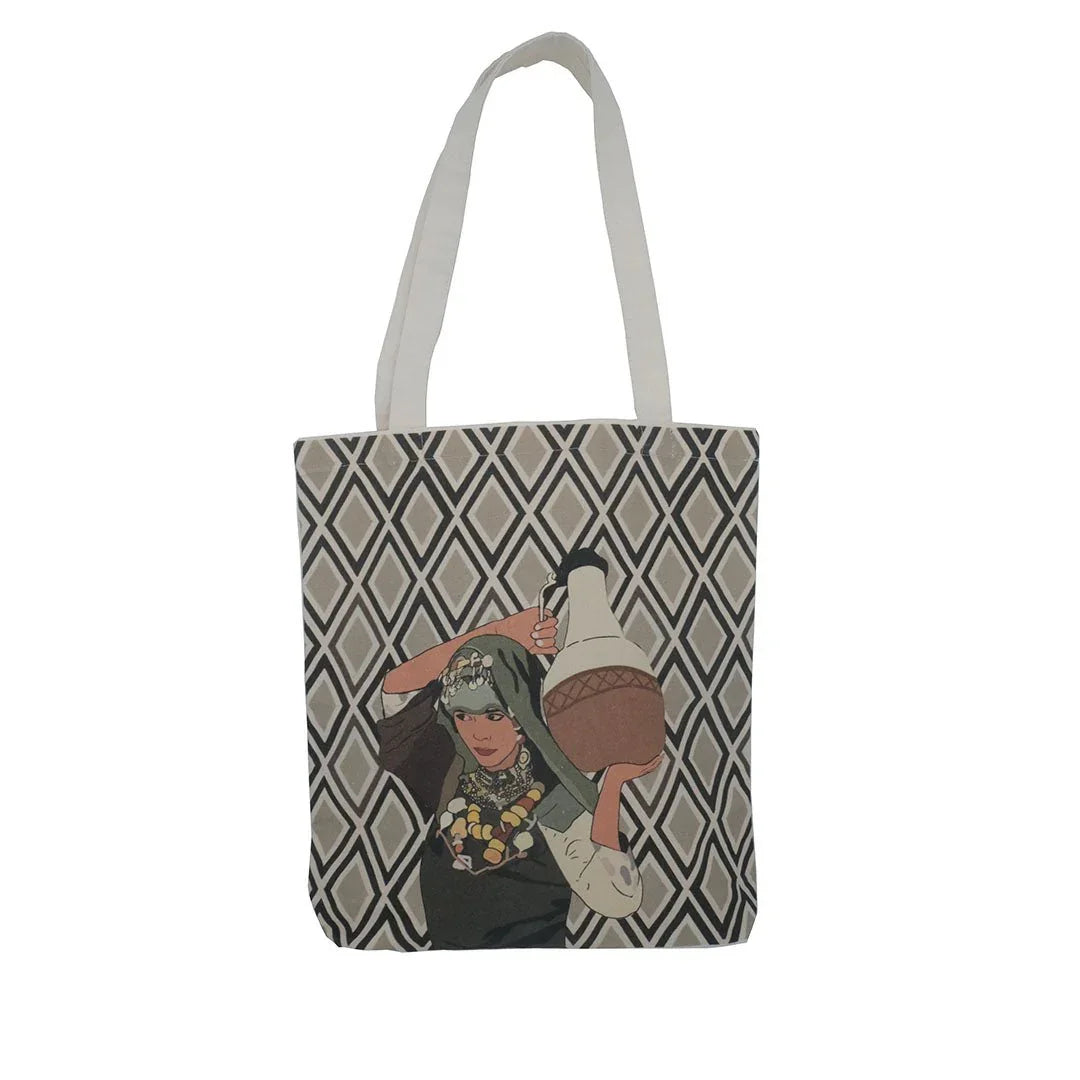 Ethnik Morocco tote bag with geometric pattern and illustrated woman carrying a jug