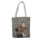 Ethnik Morocco tote bag with geometric pattern and illustrated woman carrying a jug