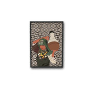 Moroccan woman art print with traditional jewelry and pottery, ethnic geometric background, ethnik