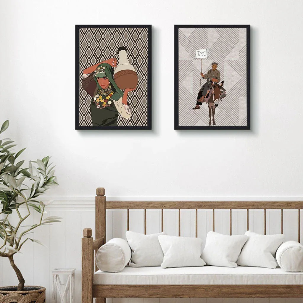 Moroccan-inspired wall art in black frames above a wooden sofa, ethnik home decor style.