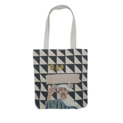 Ethnik tote bag with geometric pattern and illustrated Moroccan vendor, handmade accessory