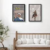 Moroccan illustration art prints in black frames above a wooden sofa, modern living room decor