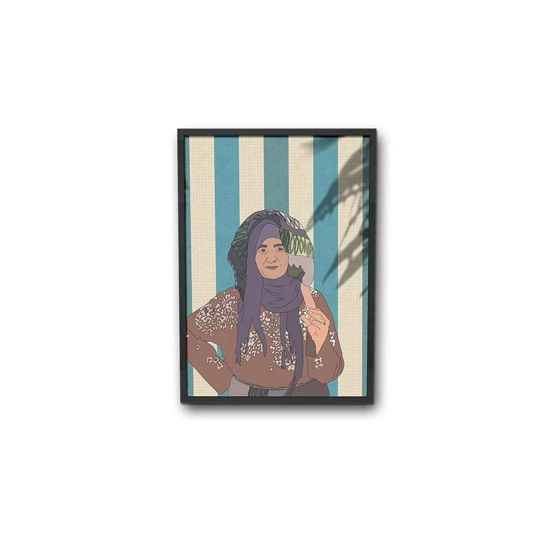 Illustrated Moroccan woman in headscarf, striped background, ethnik wall art print