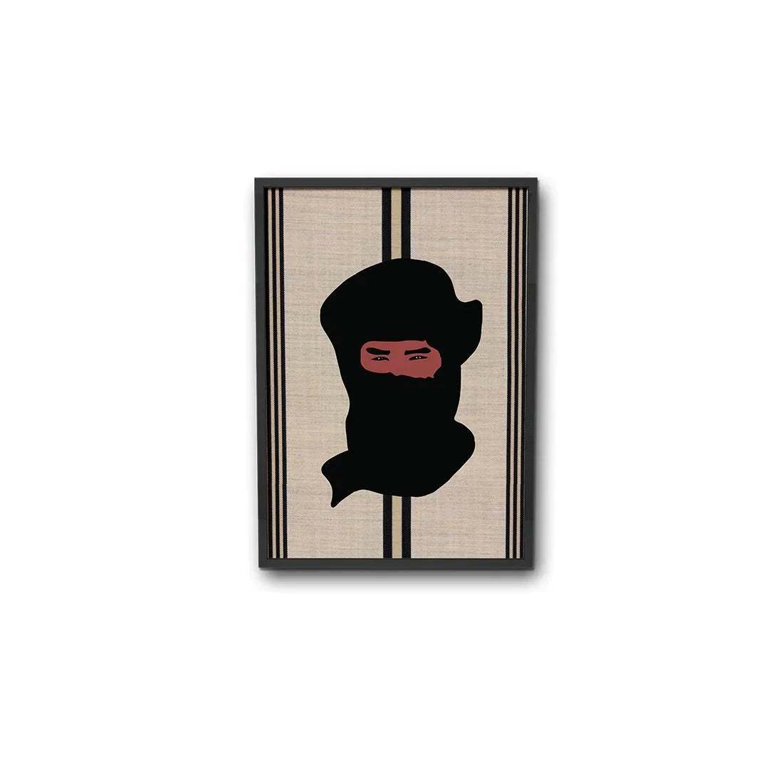 Minimalist illustration of a nomad with a black turban on beige Moroccan fabric, ethnik