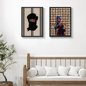 Moroccan ethnic wall art prints above a wooden bench with white cushions and plant decor