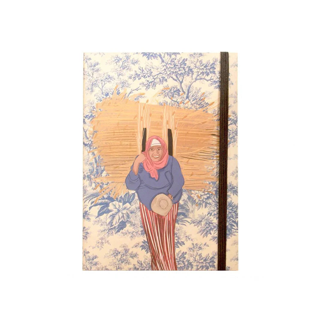 ethnik Morocco illustrated notebook with woman in headscarf carrying bundle, blue floral background