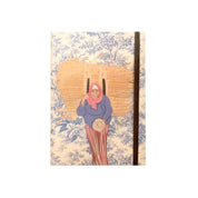 ethnik Morocco illustrated notebook with woman in headscarf carrying bundle, blue floral background