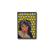 Digital illustration of a smiling Moroccan woman in traditional attire, patterned yellow background, ethnik accessories art print.