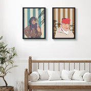 Moroccan wall art prints above sofa, featuring traditional portraits, ethnik decor style.