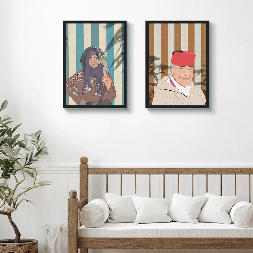 Framed Moroccan illustrations on wall above sofa, ethnik stationery & accessories decor