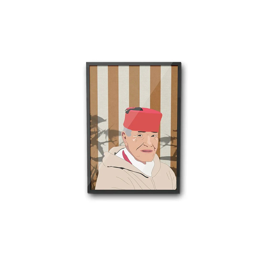 Framed illustration of elderly Moroccan man in red tarbouch hat, traditional attire, ethnik art