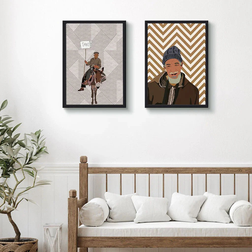 Moroccan illustration art prints in black frames above a wooden bench, ethnik home decor