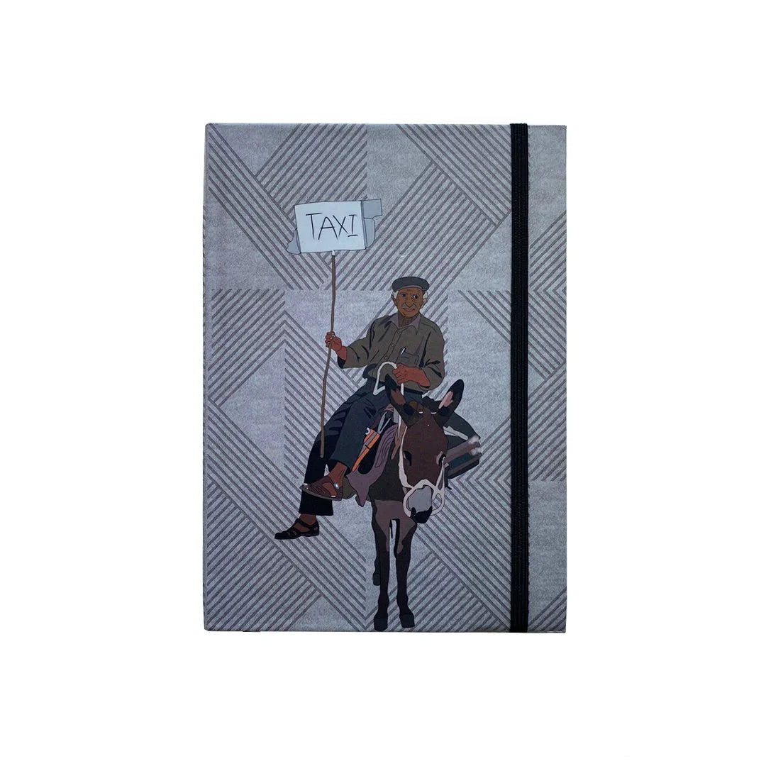 Ethnik notebook with illustration of a man on a donkey holding a taxi sign, Moroccan stationery