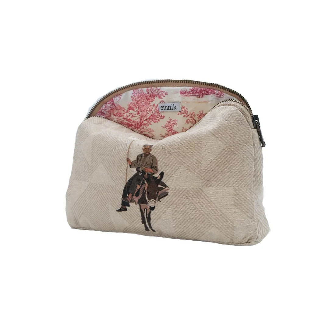 Ethnik beige zip pouch with Moroccan man riding donkey illustration, pink toile lining