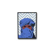 Moroccan-inspired illustration of a veiled figure in blue turban, zigzag background, ethnik art print