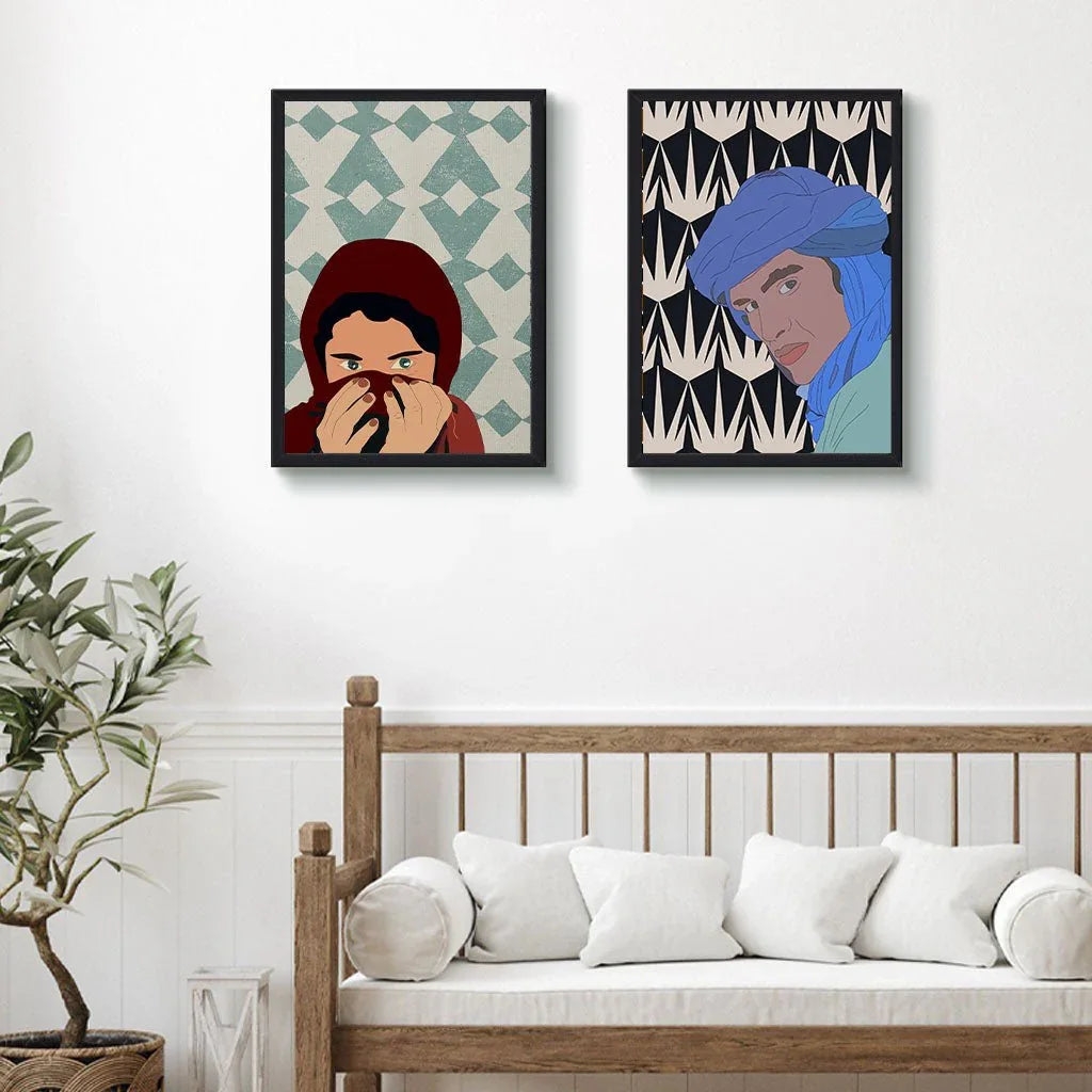 Moroccan art prints with original illustrations in modern living room, ethnik decor style