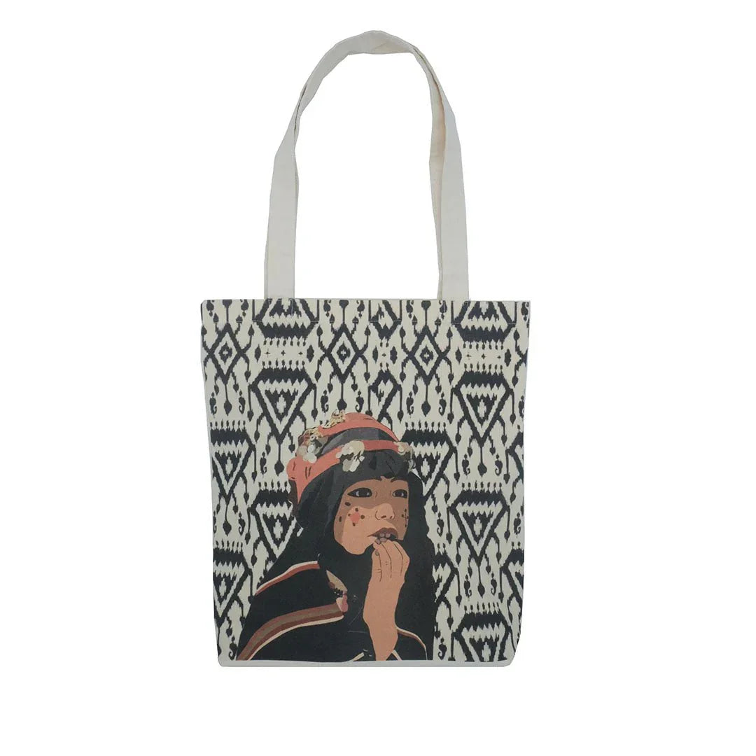 Ethnik Moroccan tote bag with geometric patterns and illustrated girl in traditional attire