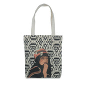 Ethnik Moroccan tote bag with geometric patterns and illustrated girl in traditional attire